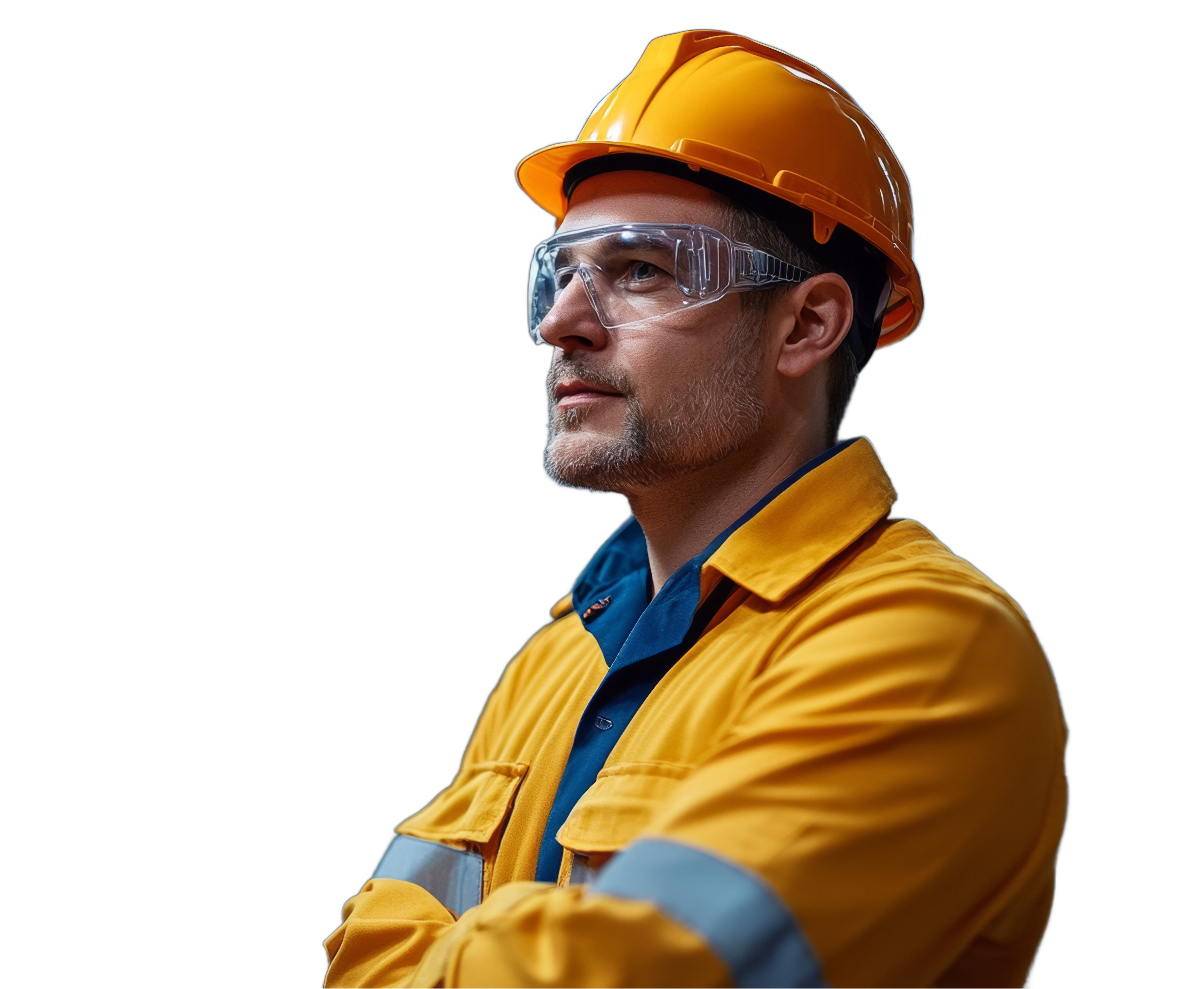 Man wearing safety glasses and a protective helmet