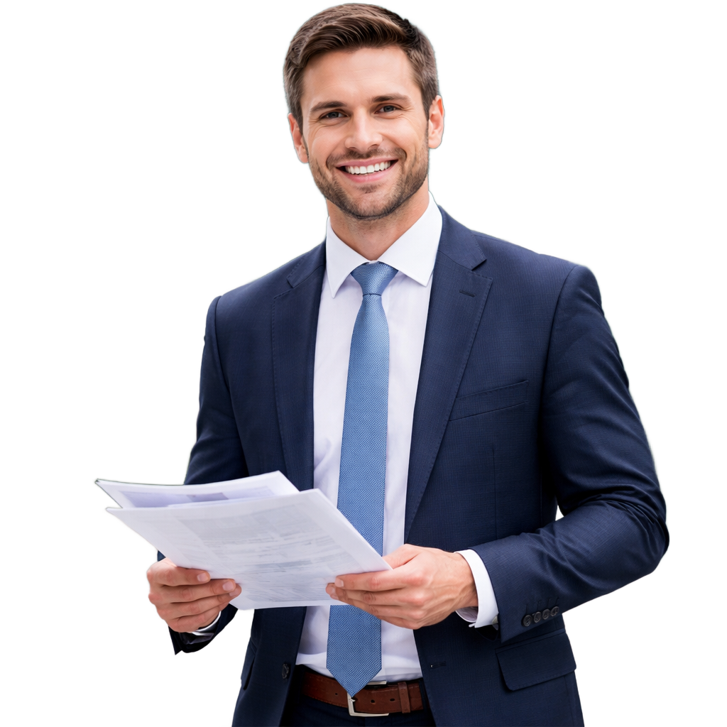 A businessman in a suit holding a sheet of paper