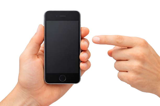 A smartphone in a hand and a finger pointing at the smartphone
