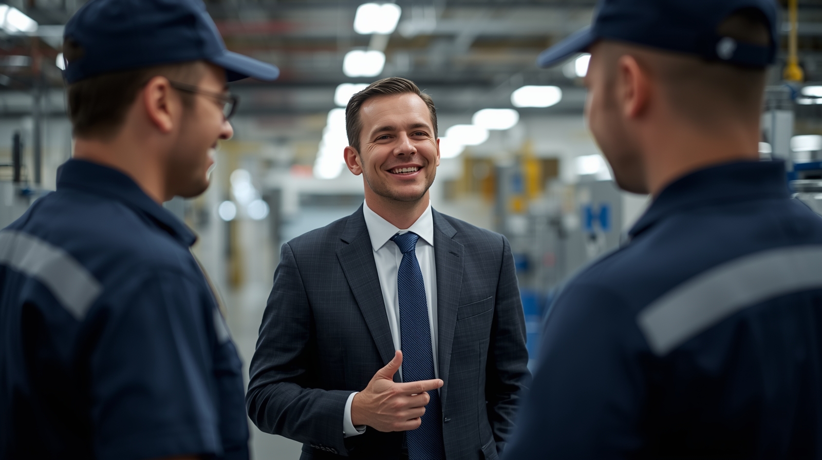 Business manager talking with employees in modern factory